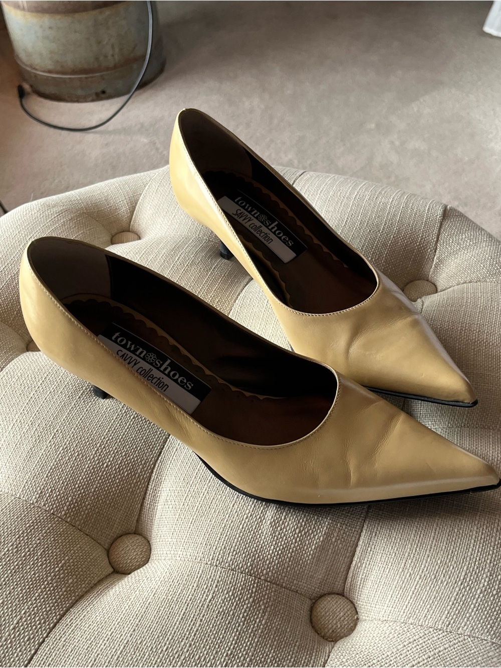 Savvy Pointed Toe Low Heel Pumps in Yellow